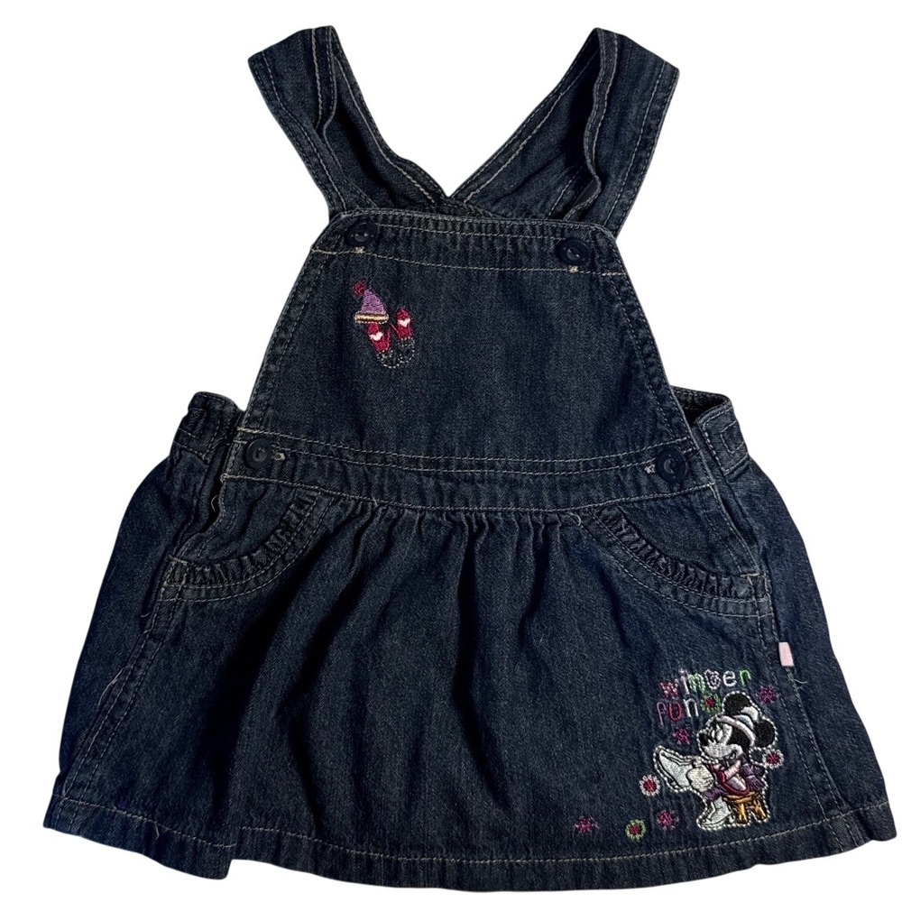 Y2K Disney Embroidered Minnie Mouse Winter Holiday Denim Overall Dress Girl 6-9m